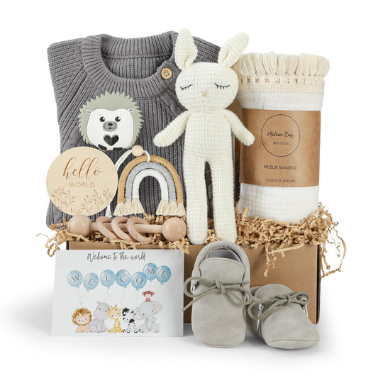 meloom Baby Gift Set, Unisex Newborn Gifts Box, Boho Gender Neutral Baby Essentials, for New Mom, New Baby Gifts for Boys and Girls, Personalized Gift Basket for New Babies