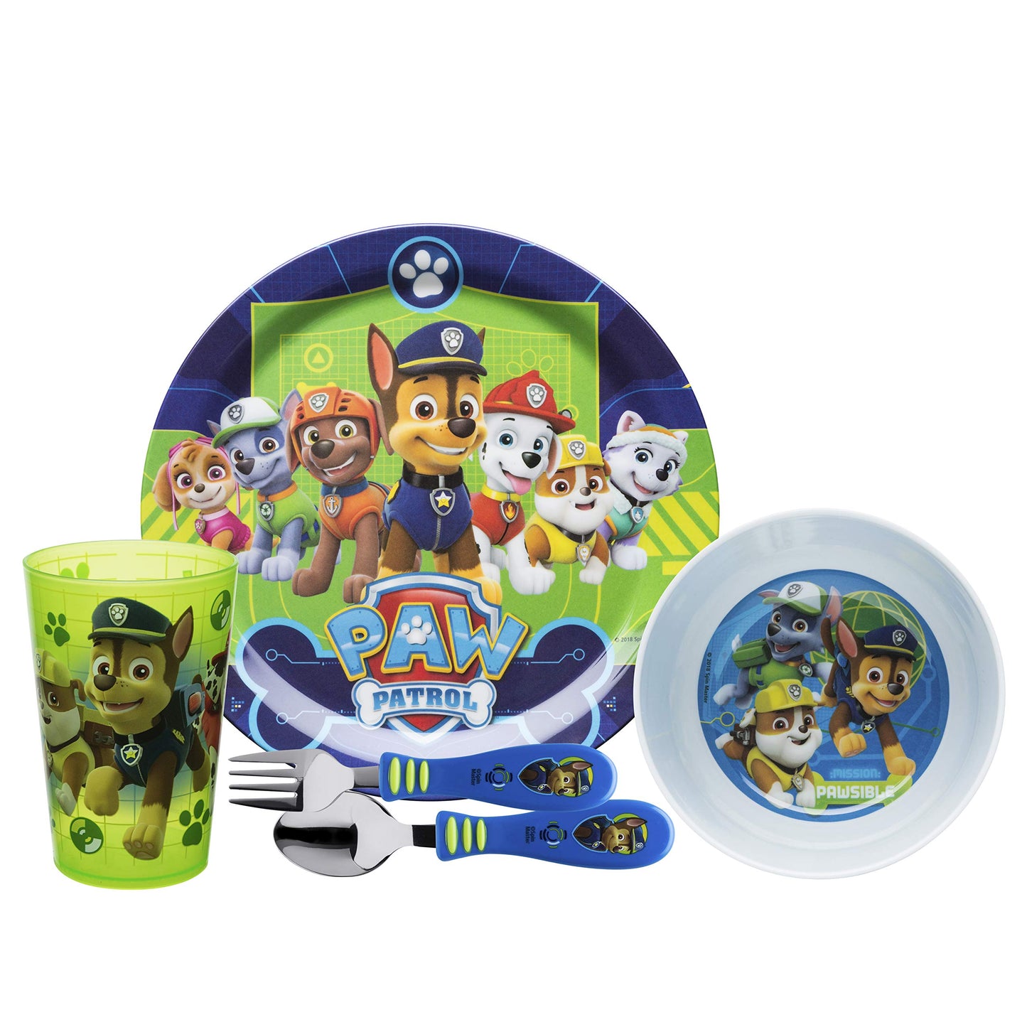 Zak Designs 5-Piece Dinnerware Set, Baby Shark - Durable Plastic & Stainless Steel - Includes Water Bottle, 8-Inch Plate, 6-Inch Bowl, Fork & Spoon - Suitable for Kids Ages 3+