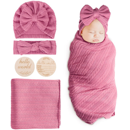 DRESHOW BQUBO Baby Swaddle Blankets for Girls, 4PCS Newborn Accessories Set with Matching Hat and Bow Headband with Card