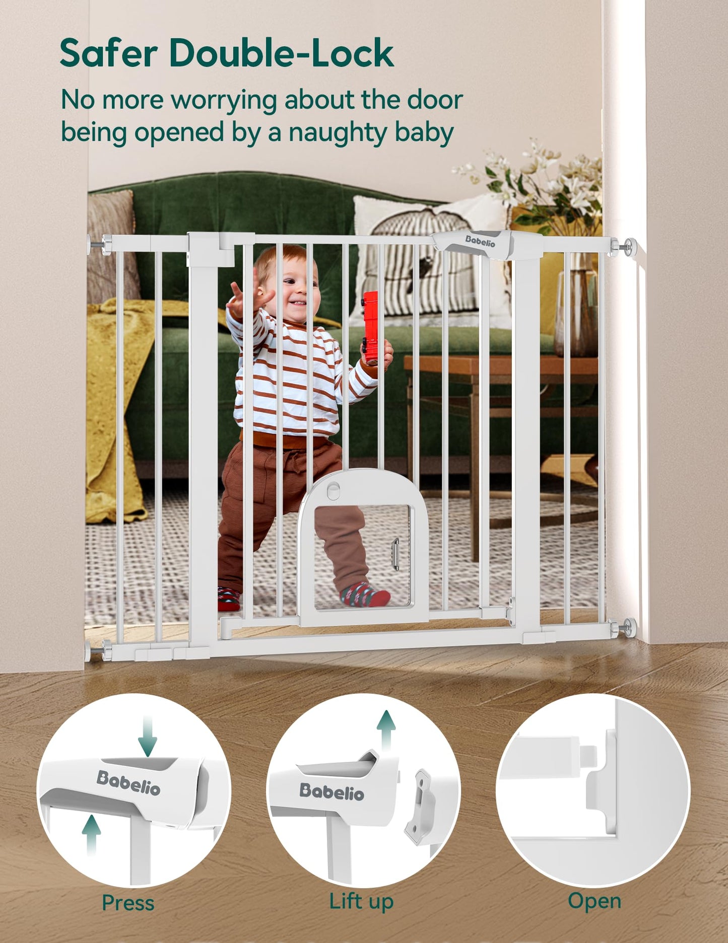 Babelio Upgraded Baby Gate with Cat Door, 29-43" Auto Close Durable Dog Gate for Stairs, Doorways and House, Easy Walk Thru Safety Gate with Pet Door Includes 4 Wall Cups, Black