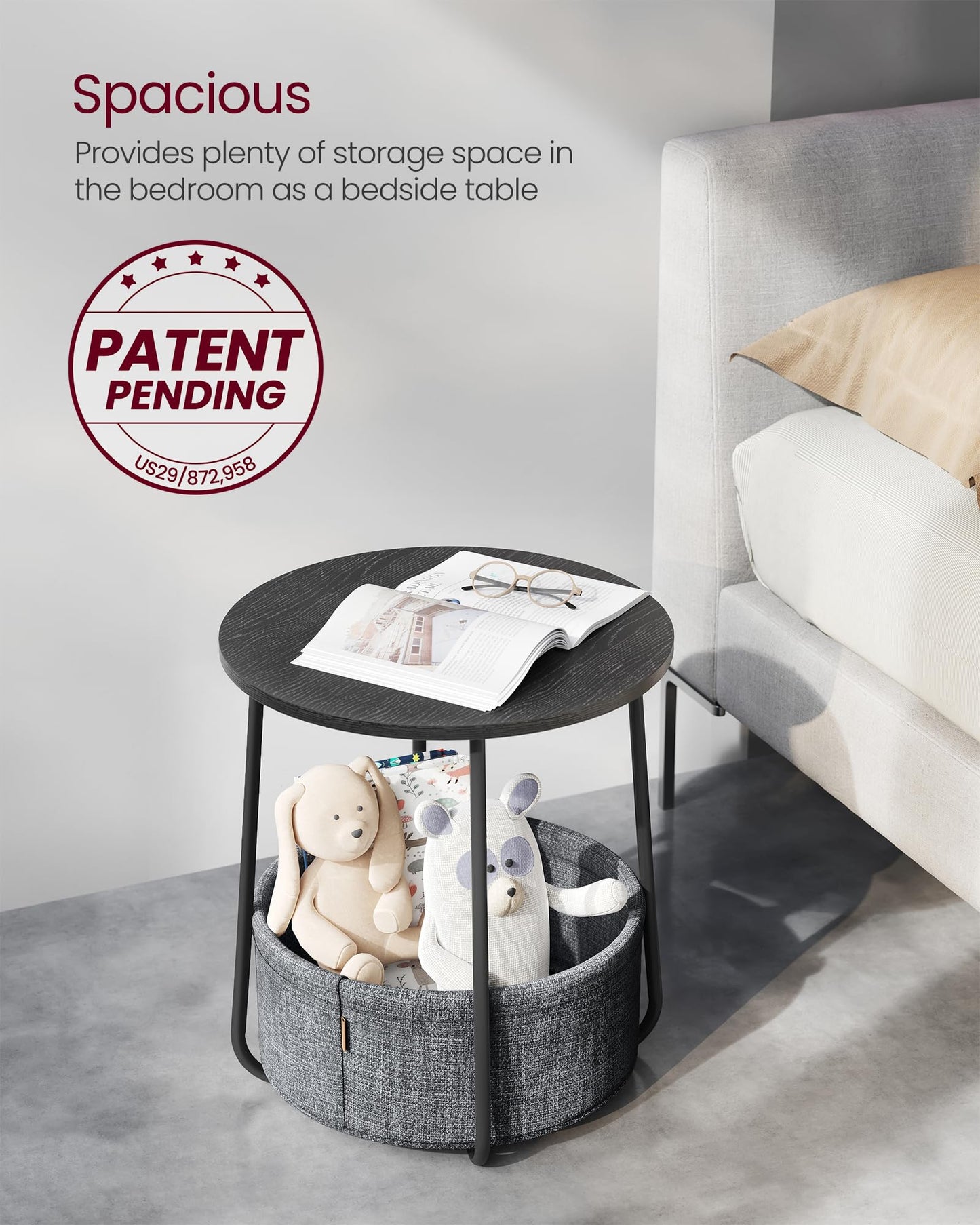 VASAGLE End Table, Small Bedside Table with Fabric Basket, Modern Nightstand, Round Side Table, for Living Room, Bedroom, Matte White and Camel Brown ULET223W10