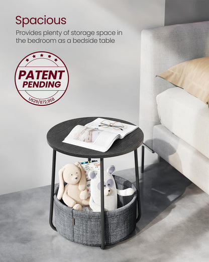 VASAGLE End Table, Small Bedside Table with Fabric Basket, Modern Nightstand, Round Side Table, for Living Room, Bedroom, Matte White and Camel Brown ULET223W10
