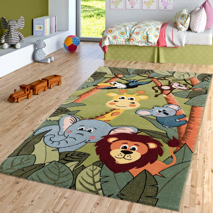 Kids Rug with Cute Animals on a Hot Air Balloon Ride in Pastel, Size: 2'8" x 4'11"