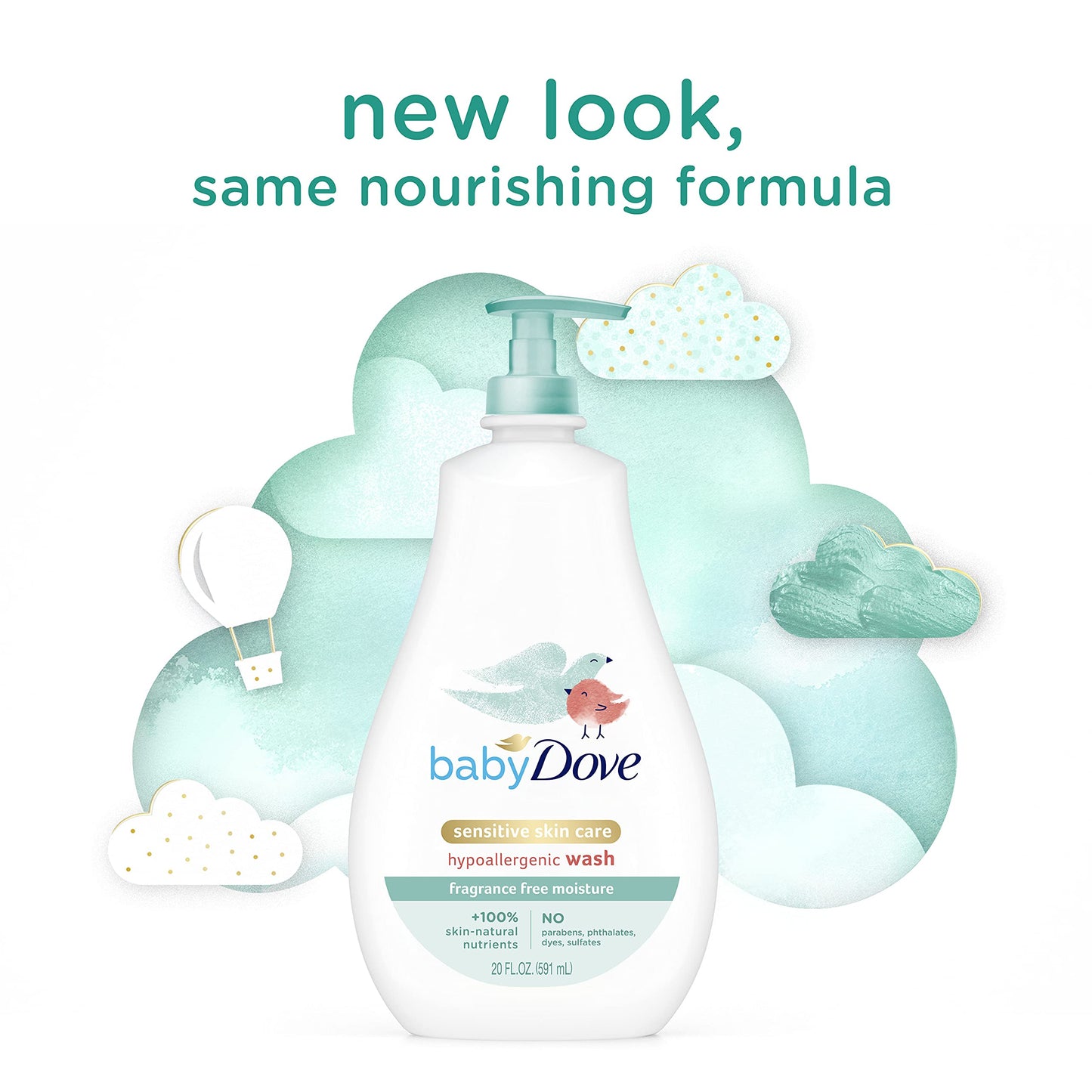 Baby Dove Sensitive Skin Care Baby Wash Fragrance Free Moisture For Baby Bath Time Fragrance Free and Hypoallergenic, Washes Away Bacteria 34 oz (Pack of 1)