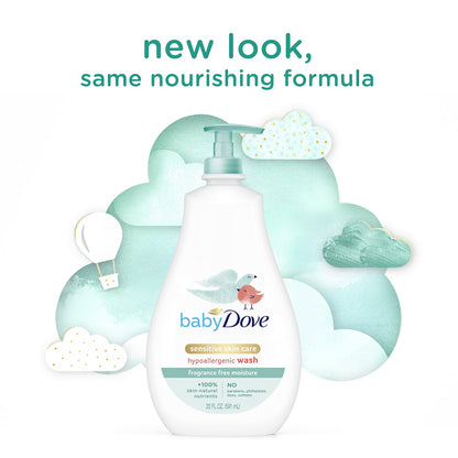 Baby Dove Sensitive Skin Care Baby Wash Fragrance Free Moisture For Baby Bath Time Fragrance Free and Hypoallergenic, Washes Away Bacteria 34 oz (Pack of 1)