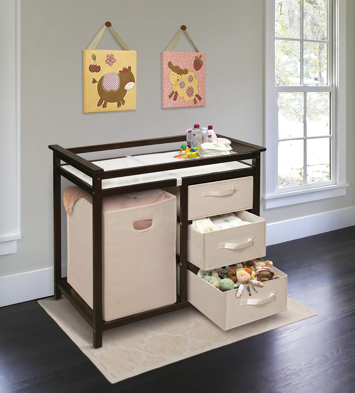 Badger Basket Modern Baby Changing Table - Portable Diaper Station with 3 Drawers Pad & Hamper - Storage Organizer for Baby Clothes, Diapers & Toys - Fresh White/White (34.25 x 20.75 x 34.5)