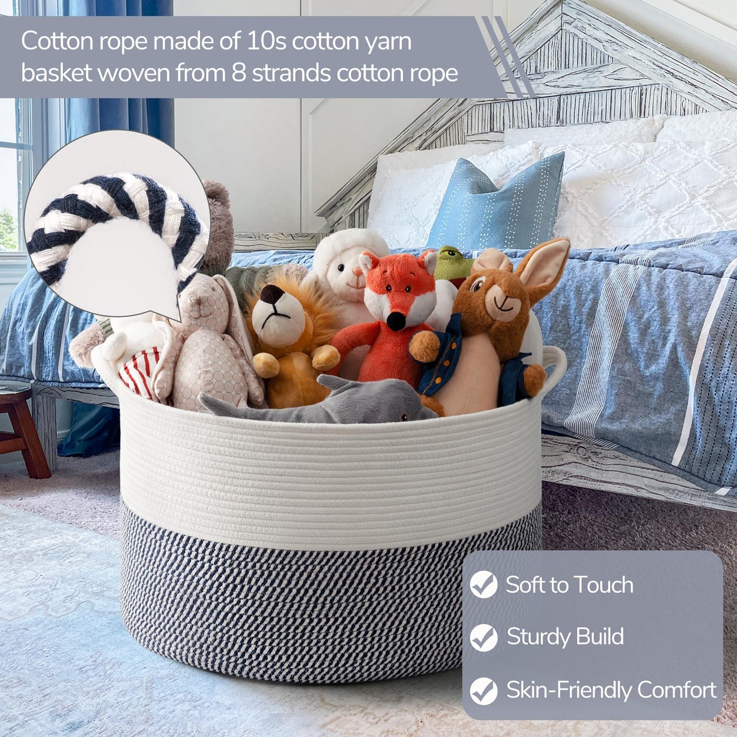 INDRESSME XXXLarge Cotton Rope Basket 21.7" x 21.7" x 13.8" Woven Baby Laundry Blanket Basket Toy Baskets with Handle Storage Comforter Cushions Thread Laundry Hamper