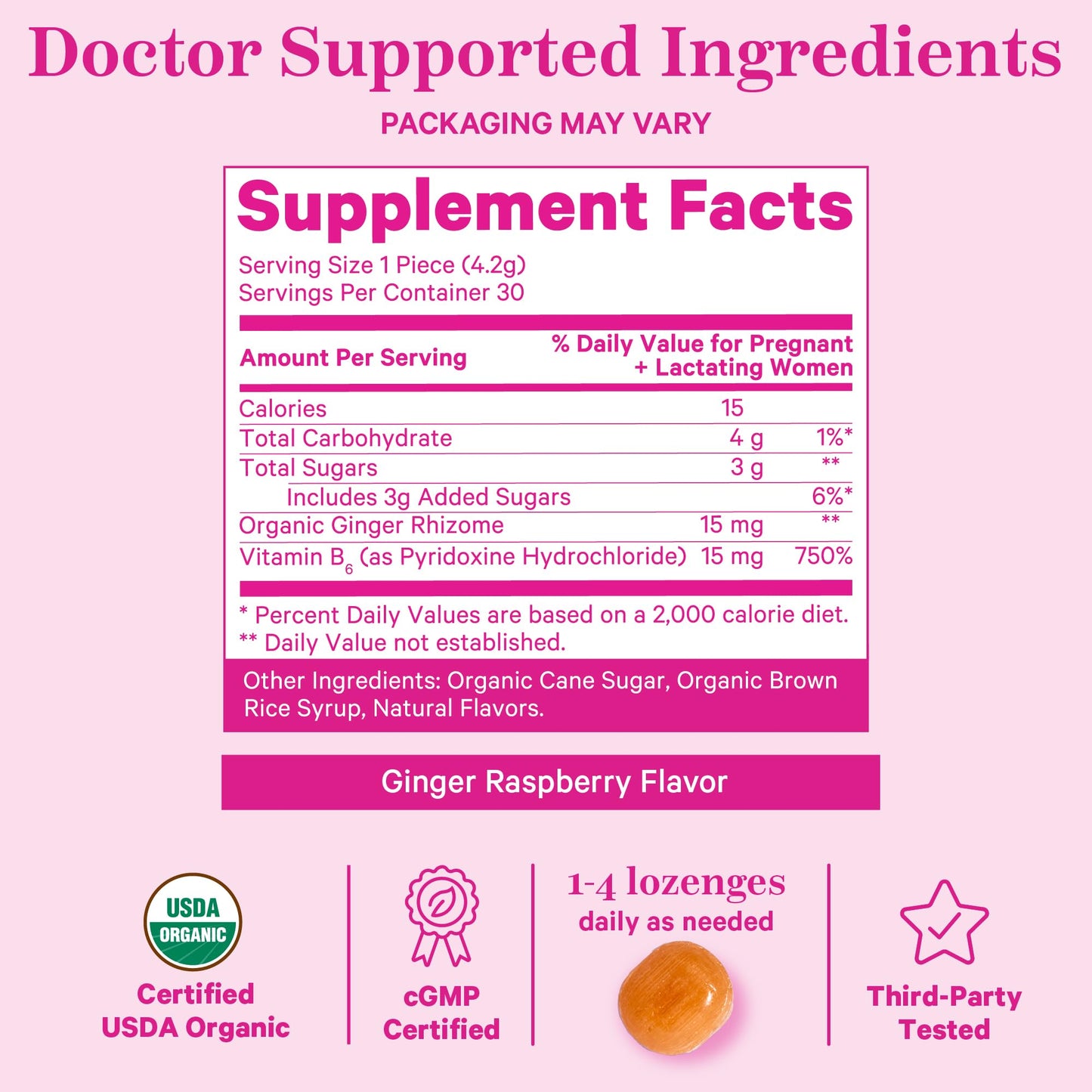 Pink Stork Morning Sickness Sweets, Organic Raspberry Ginger Candy with Vitamin B6, Support for Motion Sickness, Prenatal Heartburn - Pregnancy Must Haves - 30 Wrapped Drops