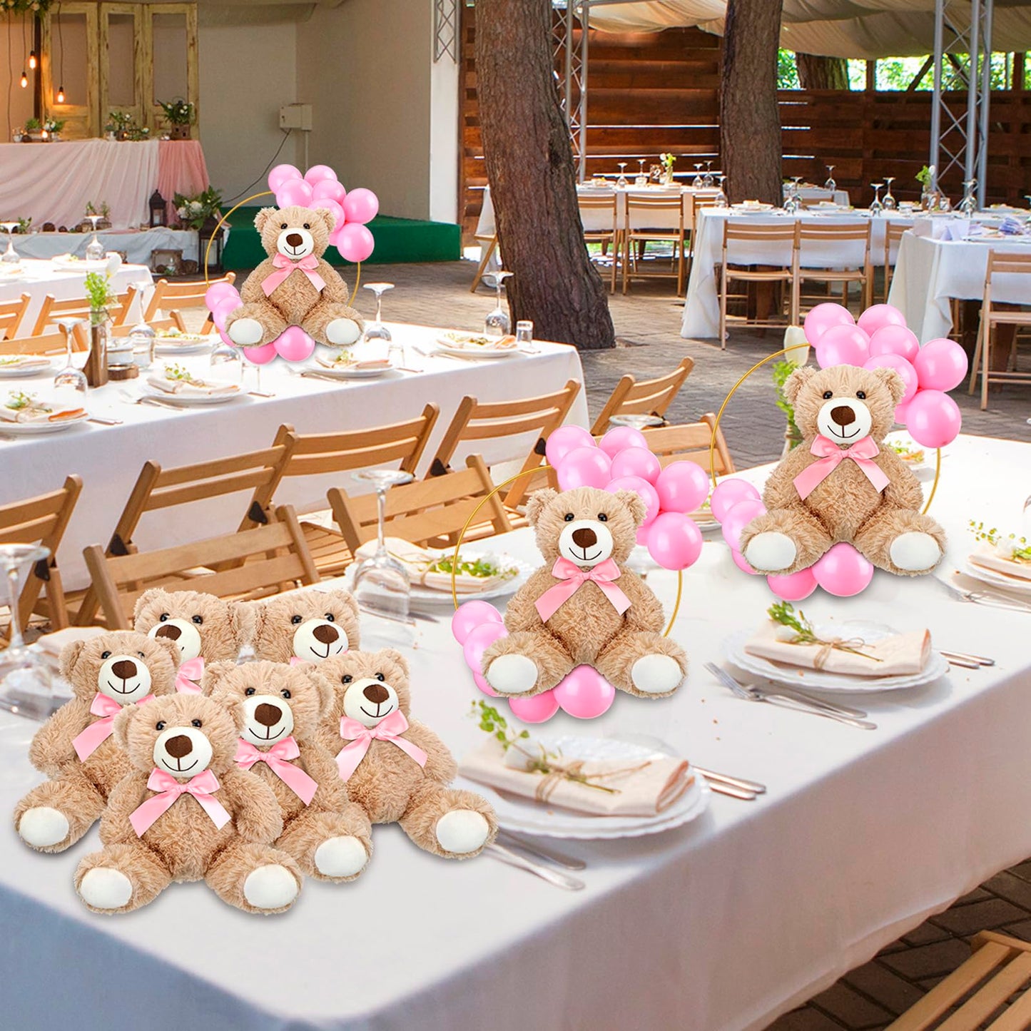 6 Sets Bear Baby Shower Table Centerpieces Bear Stuffed Animals 12 Inch Metal Floral Hoop with Stand Balloon for Wedding Baby Shower Birthday Flowers Table Decorations(Brown)