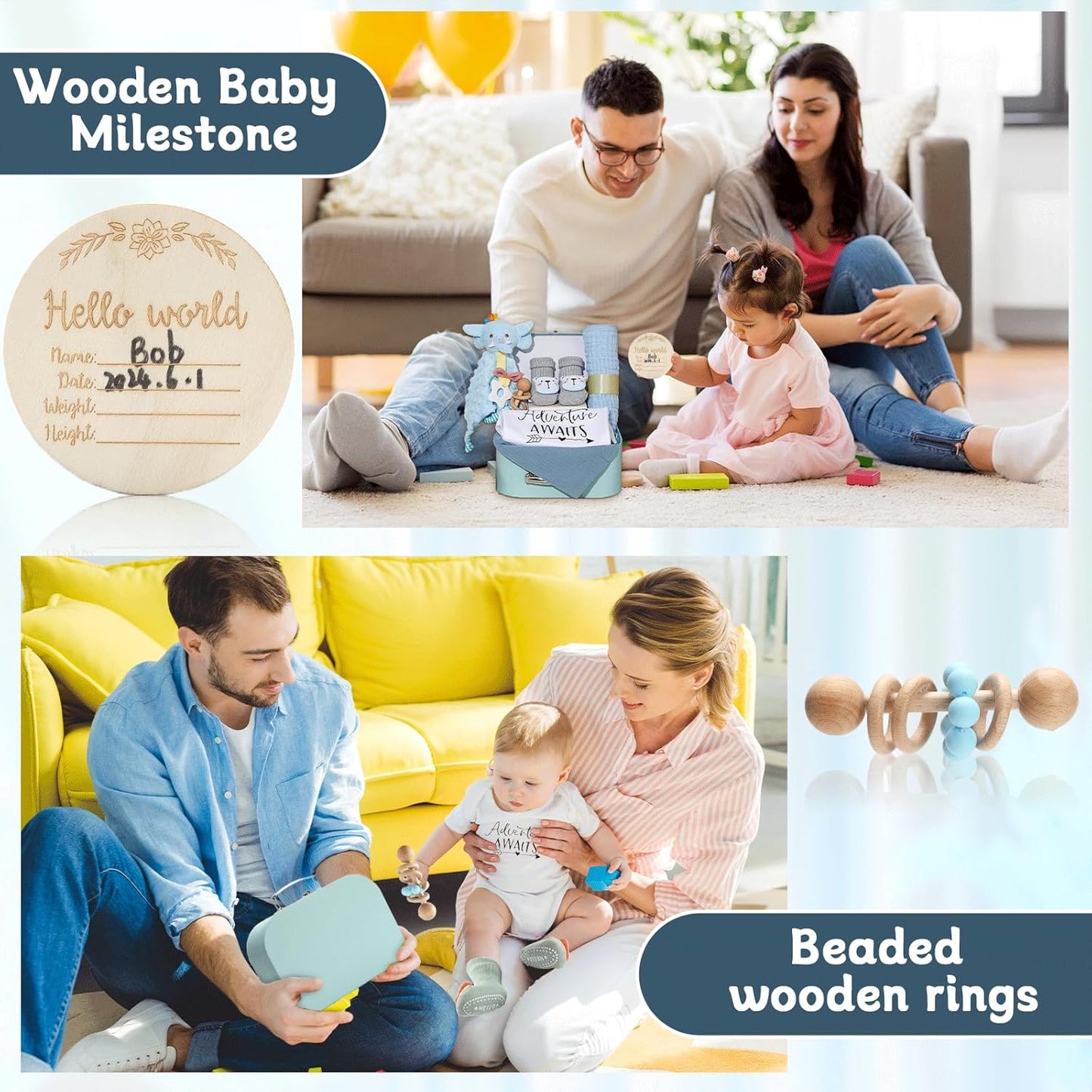 Baby Gift Set Baby Shower Gifts Basket for Newborns New Born Baby Boy Gift Set Blue Baby Gift Basket with Baby Rattle Muslin Towel Security Blanket Gender Reveal Gifts for Baby Girls Boys