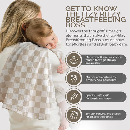 Itzy Ritzy Breastfeeding Boss Multi-Use Cover – A Nursing Cover, Swaddle, Car Seat Cover, Tummy Time Mat & Burp Cloth All in One – Made of Soft Muslin Fabric & Measures 47” x 47” (Taupe Stripe)
