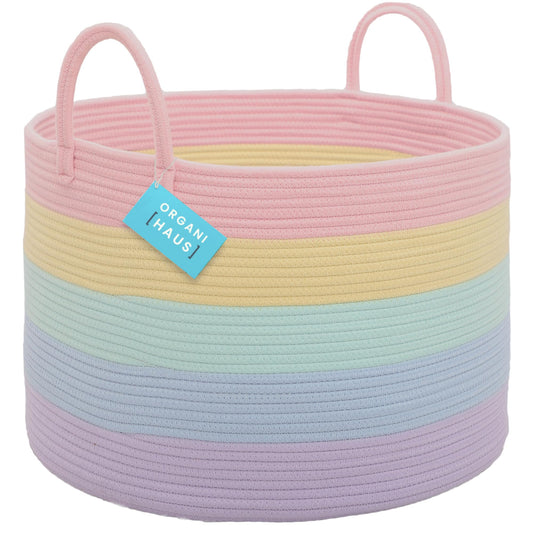 OrganiHaus Large Blanket Basket for Living Room 20x13, Rainbow Rope Basket for Classroom Organization, Toy Storage Basket, Woven Kids Laundry Basket, Baby Toy Box, Cute Storage Basket, Nursery Hamper