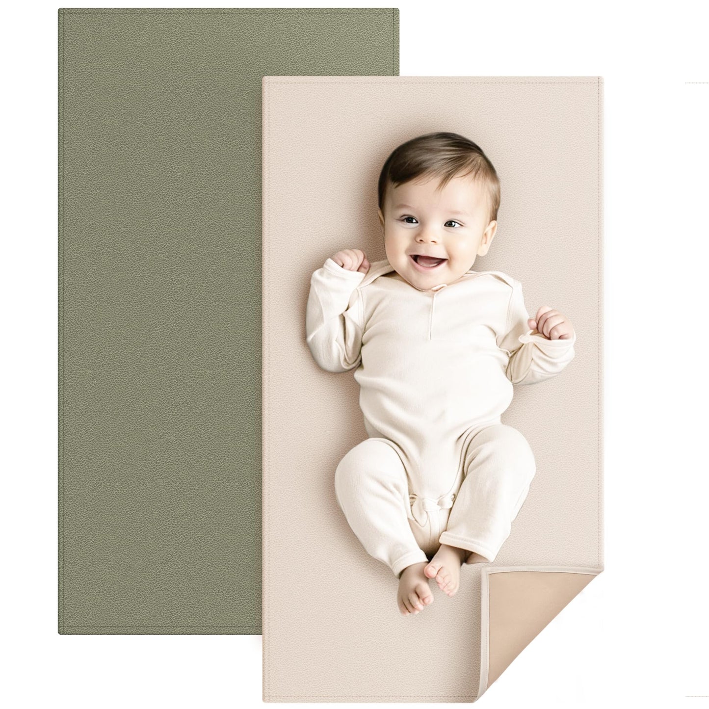 Konssy Faux Leather Baby Changing Mat 2 Pack, Waterproof, Wipeable & Portable Diaper Changing Pad for Travel or Home, Foldable Mat Fits Perfectly in Diaper Bag, 30 x 17 inches (Brown,Beige)