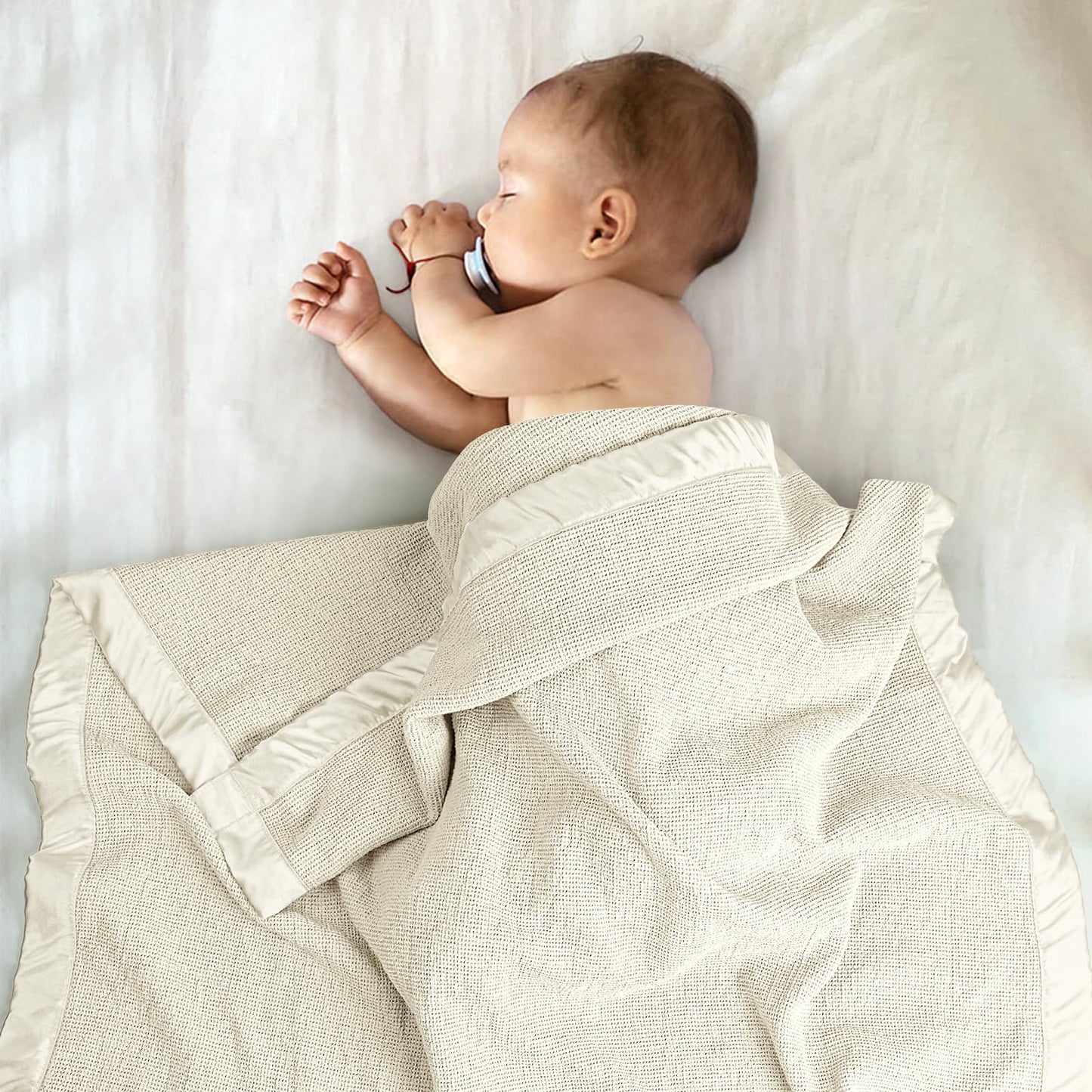 Swaddle Baby Blanket: Waffle Blanket with Satin Strim - Soft Breathable Toddler Blanket for Nursing Cover - Cotton Crib Blanket for Naptime（Cream）