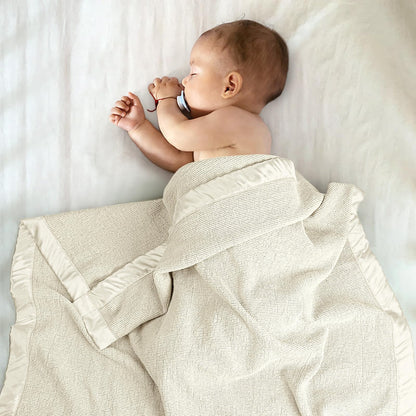Swaddle Baby Blanket: Waffle Blanket with Satin Strim - Soft Breathable Toddler Blanket for Nursing Cover - Cotton Crib Blanket for Naptime（Cream）