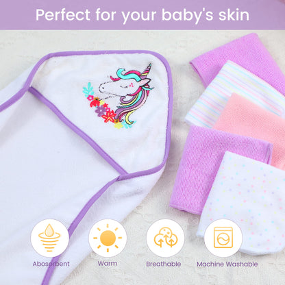 Viviland Baby Towels and Baby Wash Cloths Set Hooded Baby Towels Baby Wipes Absorbent Bath Face Towels Burp Cloths or Face Towels for Girl Boy 6-Pack Size 28 x 28 Inch(Elephant Flower)