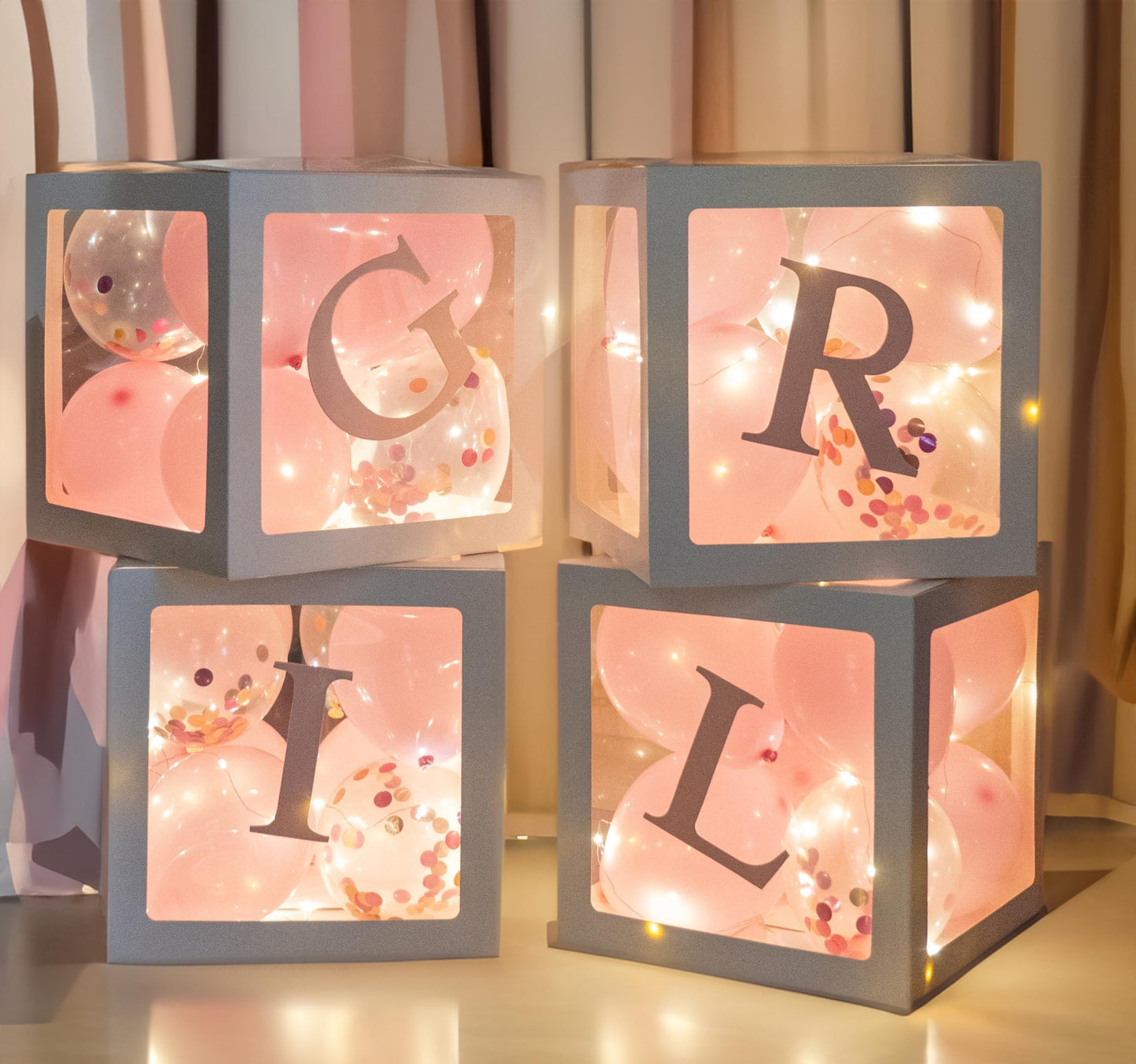 Uptotop Baby Shower Balloon Box Decorations, 4 Pcs Baby Blocks Transparent Balloon Boxes with Letters, Fairy String Lights and 36 Pcs Latex Balloons for Decor, Pink