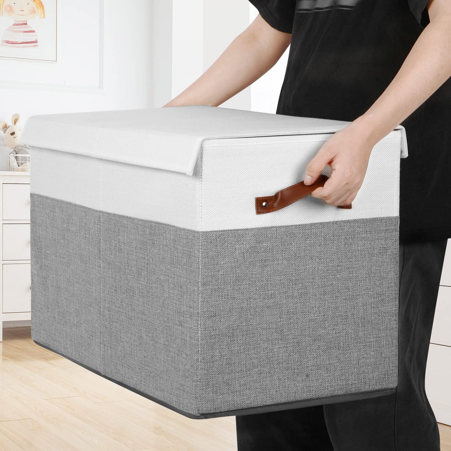 Large Toy Storage Box with Lid, Sturdy Toys Storage Chest Bin Organizer Basket with Dividers for Kids, Boys, Girls, Nursery, Closet, Bedroom, Playroom 25"x13" x16" (Beige and White)