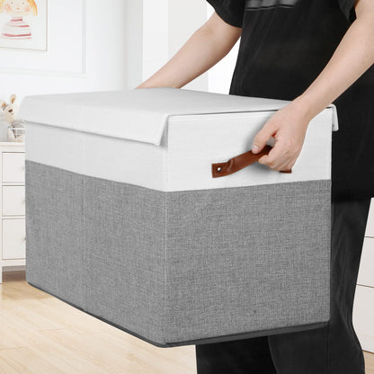 Large Toy Storage Box with Lid, Sturdy Toys Storage Chest Bin Organizer Basket with Dividers for Kids, Boys, Girls, Nursery, Closet, Bedroom, Playroom 25"x13" x16" (Beige and White)
