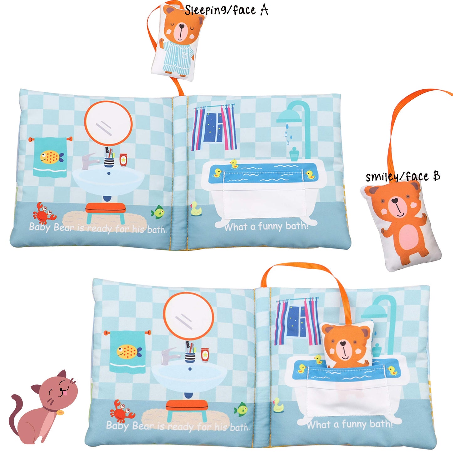 bebe mondo Teddy Bear Soft Baby Book Activity Quiet Cloth Books Developmental Toys Interactive Baby Books for Babies Toddlers Infants, Easter Gifts for Boys Girls,Washable Mirror Toy, Goodnight W Box
