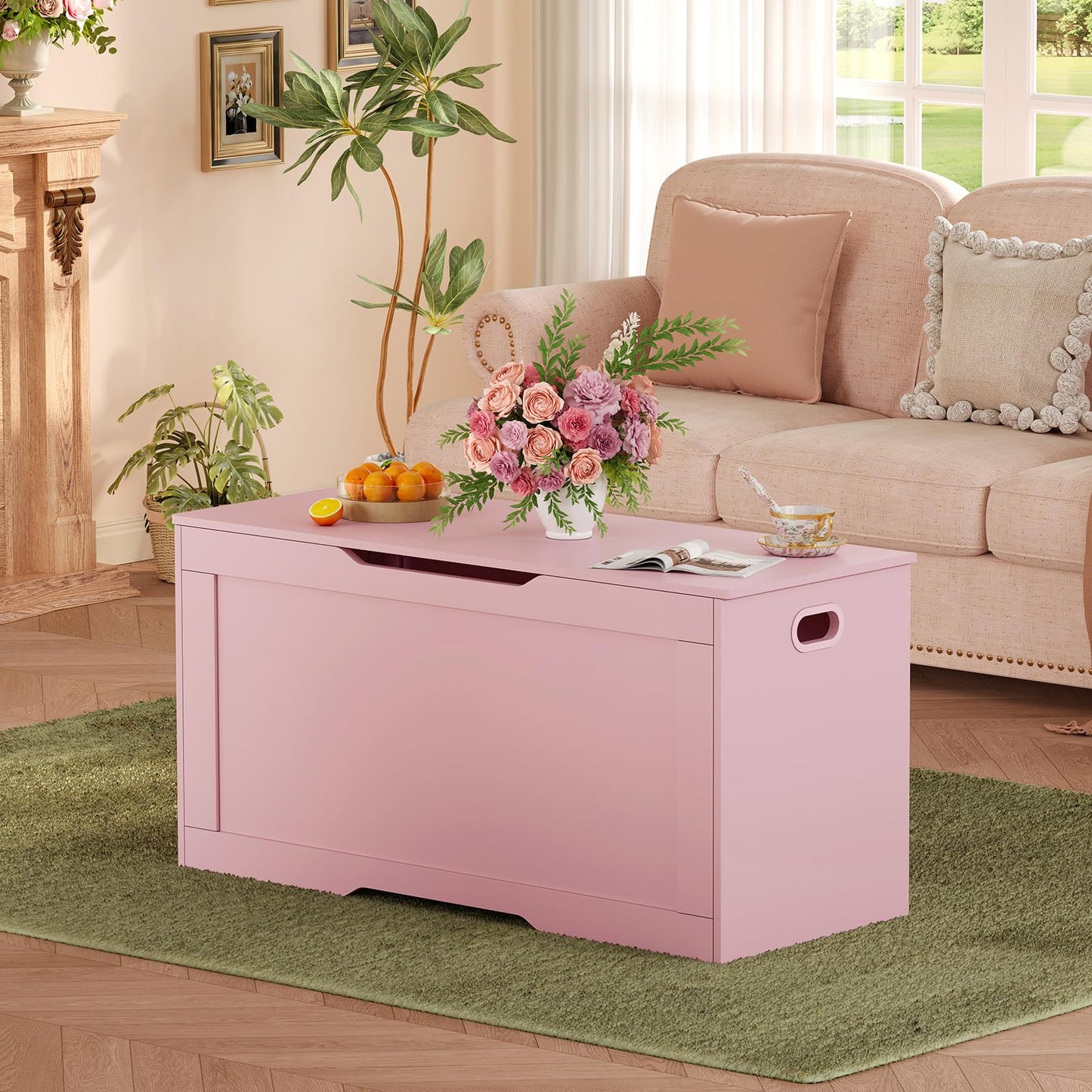 usikey 39.4” Storage Chest, Toy Box with 2 Safety Hinges, Toy Chest, Storage Bench for Bedroom, Supports 220 lb, for Living Room, Entryway, Pink