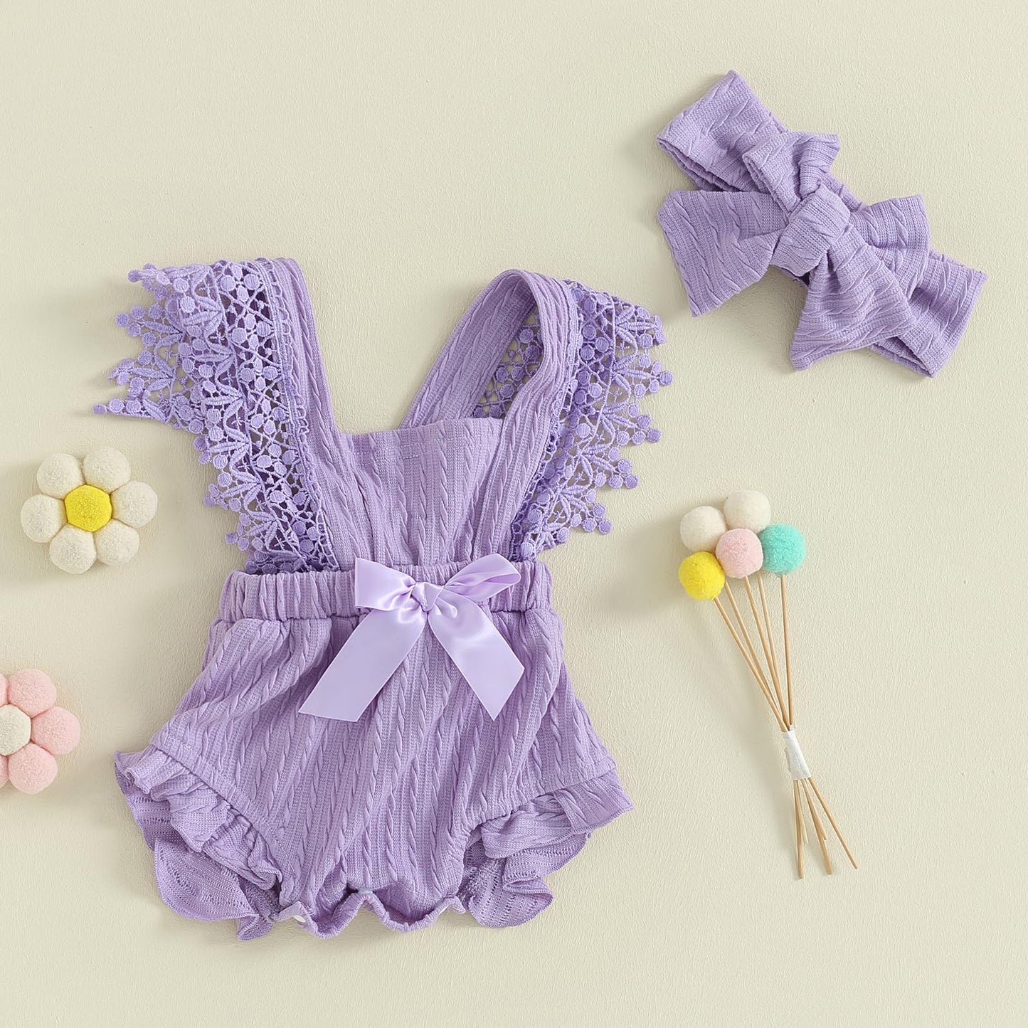 Newborn Baby Girl Lace Romper Ruffle Sleeveless Backless One Piece Jumpsuit Bodysuit with Headband Summer Clothes