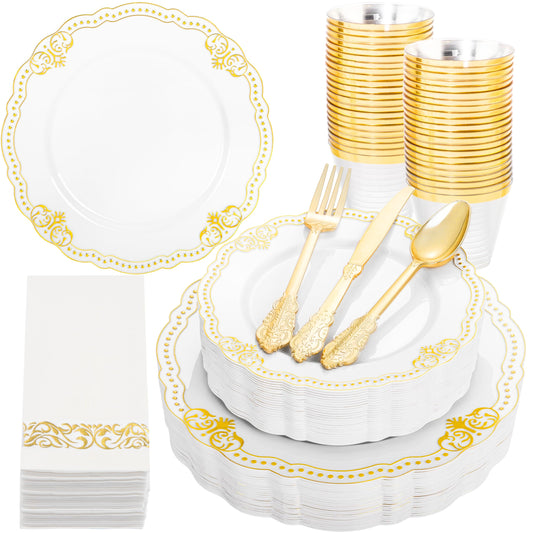 Ciaell 175 PCS White and Gold Plastic Plates - Fancy Gold Disposable Dinnerware Set with of 25 Dinner Plates, 25 Salad Plates, 25 Knives, 25 Forks, 25 Spoons, 25 Cups, 25 Napkins for Weddings Party