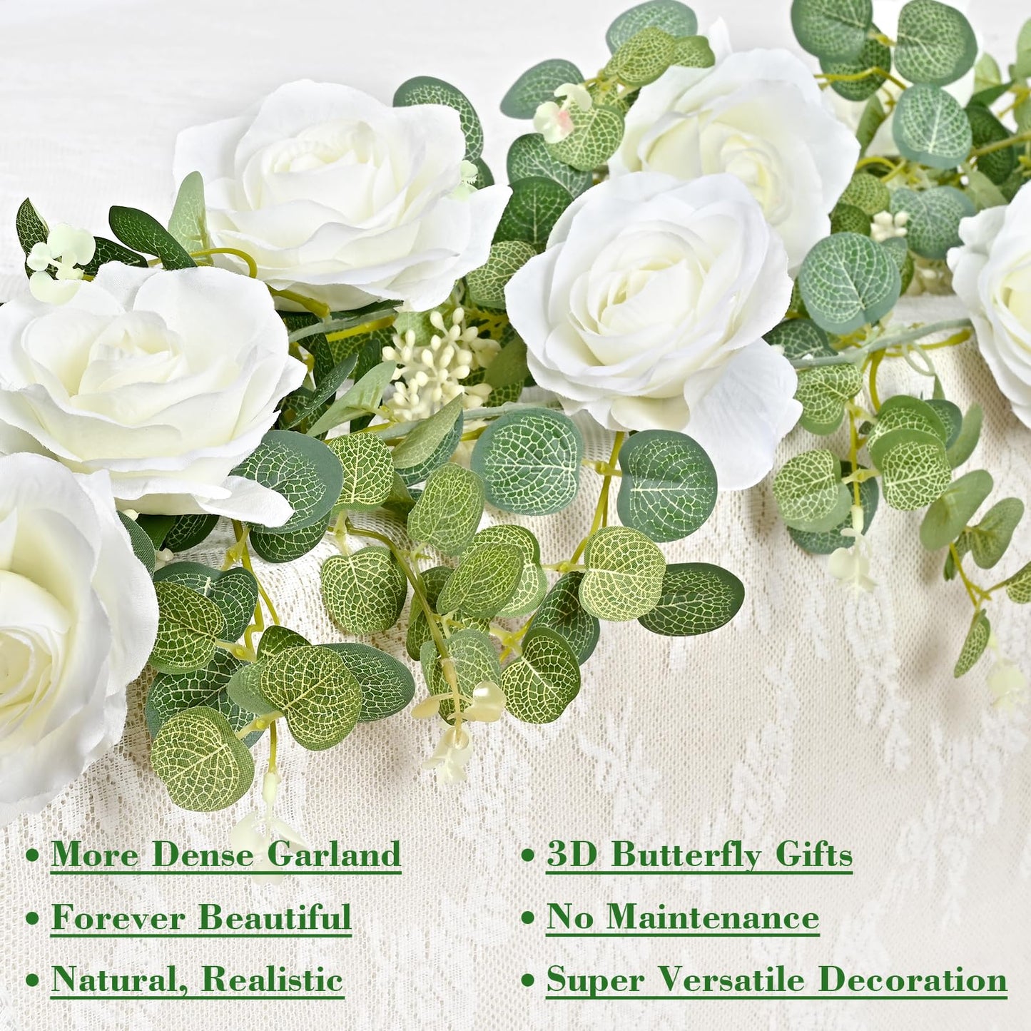 Yastouay 6.4 Ft Fuller Artificial Eucalyptus Garland with Champagne Flowers Fake Rose Vine for Table Centerpiece Wedding Baby Shower Party Room Backdrop Decor