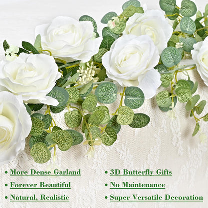 Yastouay 6.4 Ft Fuller Artificial Eucalyptus Garland with Champagne Flowers Fake Rose Vine for Table Centerpiece Wedding Baby Shower Party Room Backdrop Decor