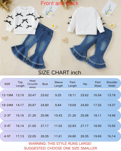Renotemy Toddler Baby Girl Clothes Fall Winter Outfit, Bow Sweatshirt Denim Bell Bottom Jeans Outfits for 1-5 Year Girls