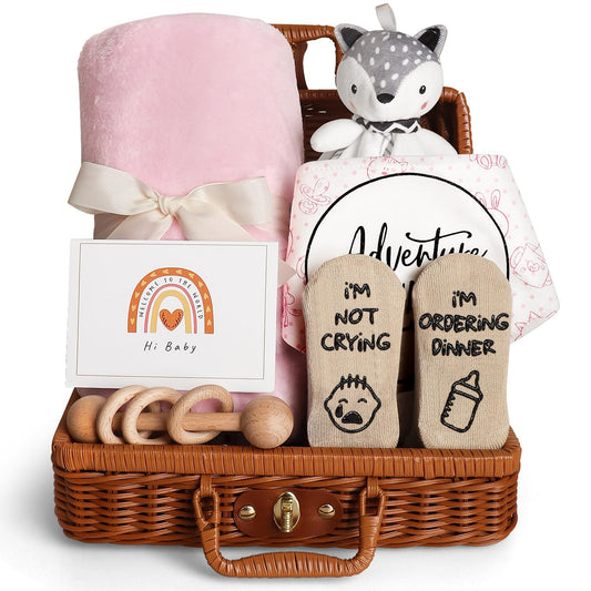 Baby Shower Gifts, Baby Gifts for Girls Boys, Unique Baby Gifts Basket Essentials Stuffs - Baby Lovey Blanket Newborn Bibs Socks Wooden Rattle & Greeting Card, Newborn Baby Gift Set