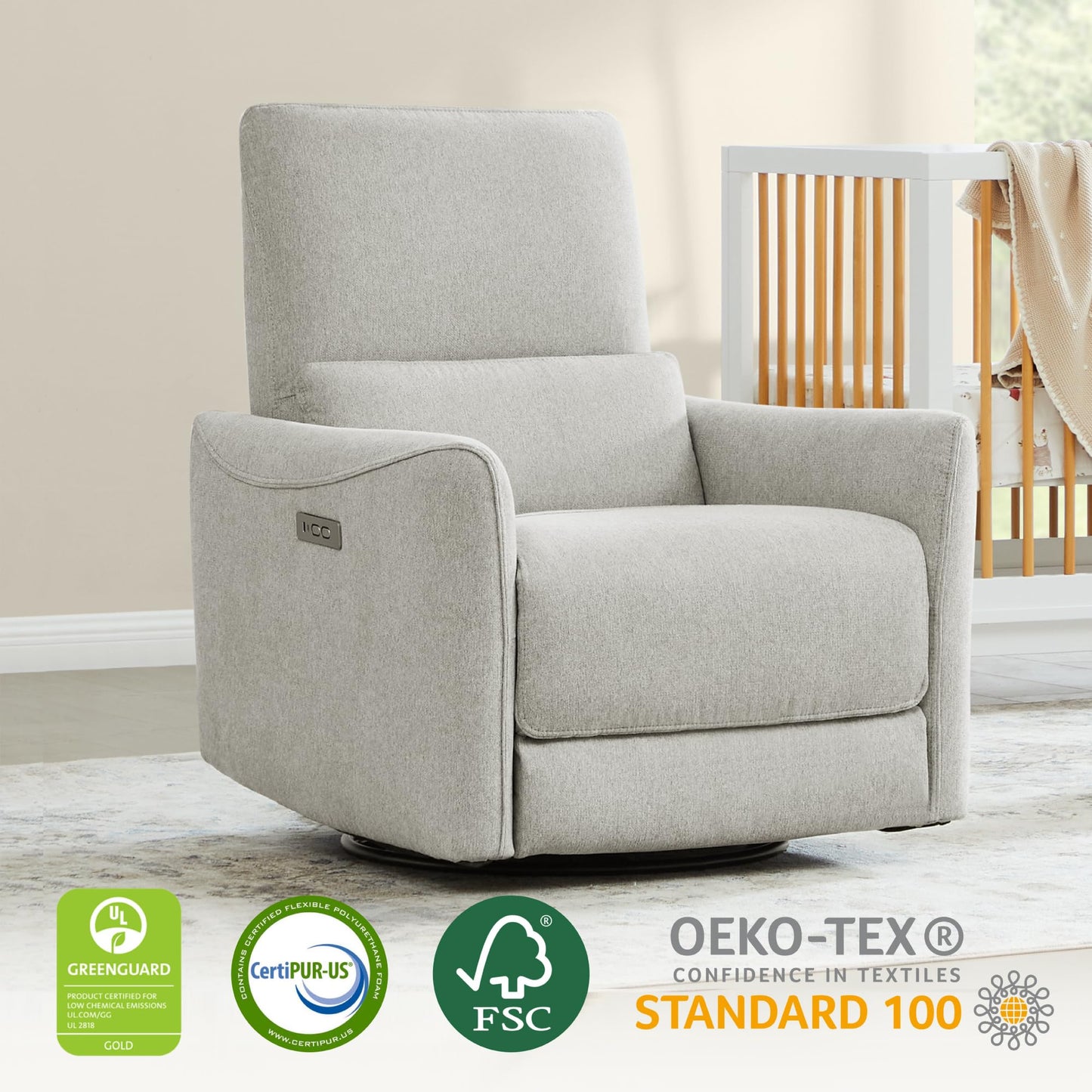 CHITA Power Recliner Chair Swivel Glider, FSC Certified Upholstered Living Room Nursery Reclining Sofa Chair with Lumbar Support, Linen