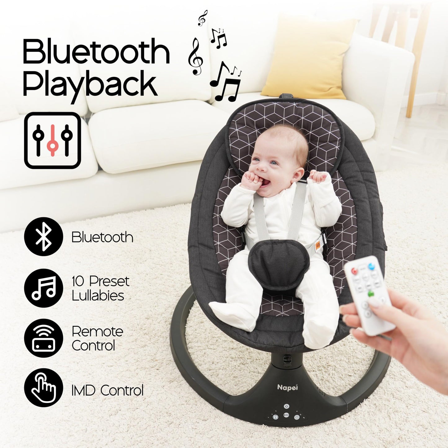 Baby Swings for Infants to Toddler, Electric Baby Swing and Infant Swings for Newborn, 10 Music with Remote Control and Bluetooth, 5 Swing Angles with Gentle Speed, 2 Seat Position, 0-9 Month (Gray)