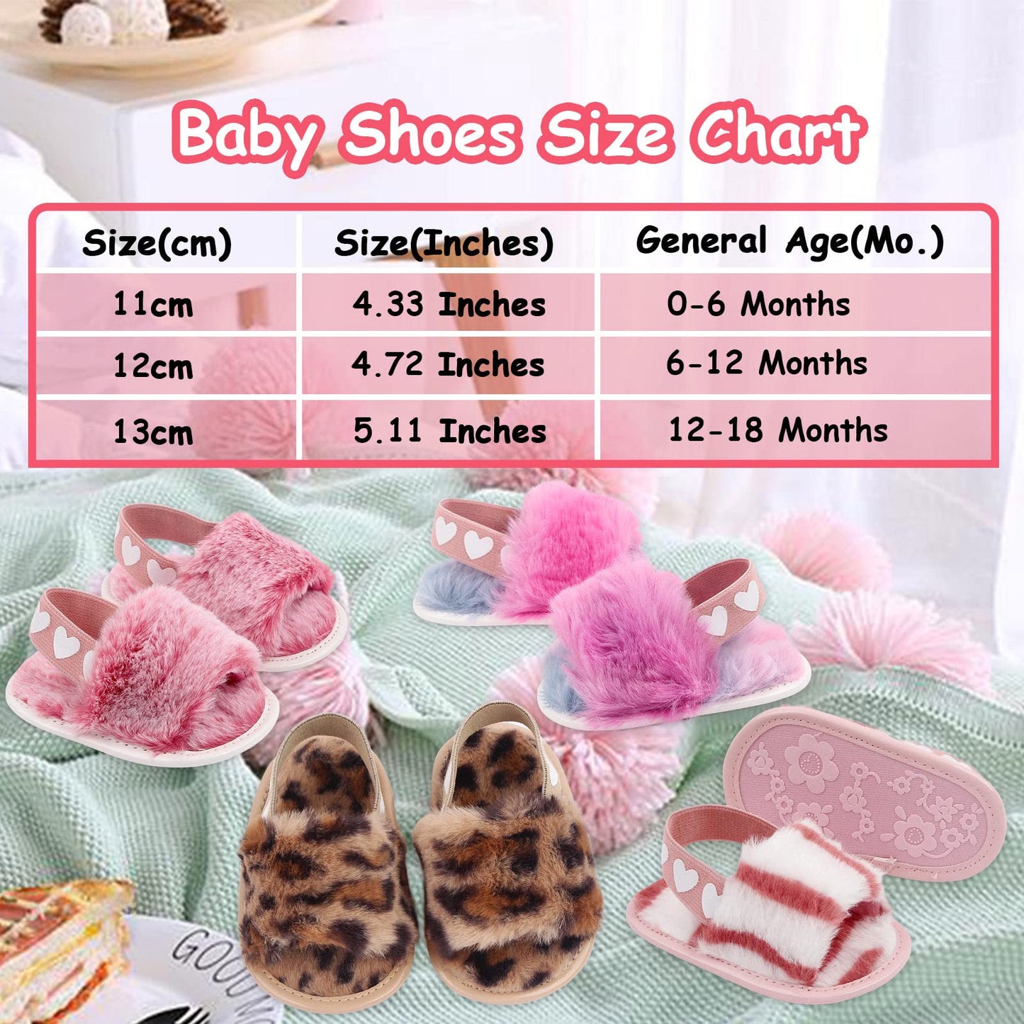 2 Pack Infant Baby Girls Sandals Elastic Back Strap Flats Slippers Soft Toddles Princess Shoes Faux Fur Slides Shoes First Walker House Shoes