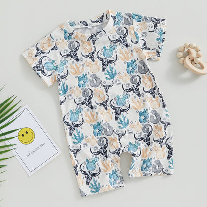 Gueuusu Country Baby Clothes Boy Girl Western Cow Print Short Sleeve Romper Bodysuit Ribbed One Piece Jumpsuit Summer Outfit