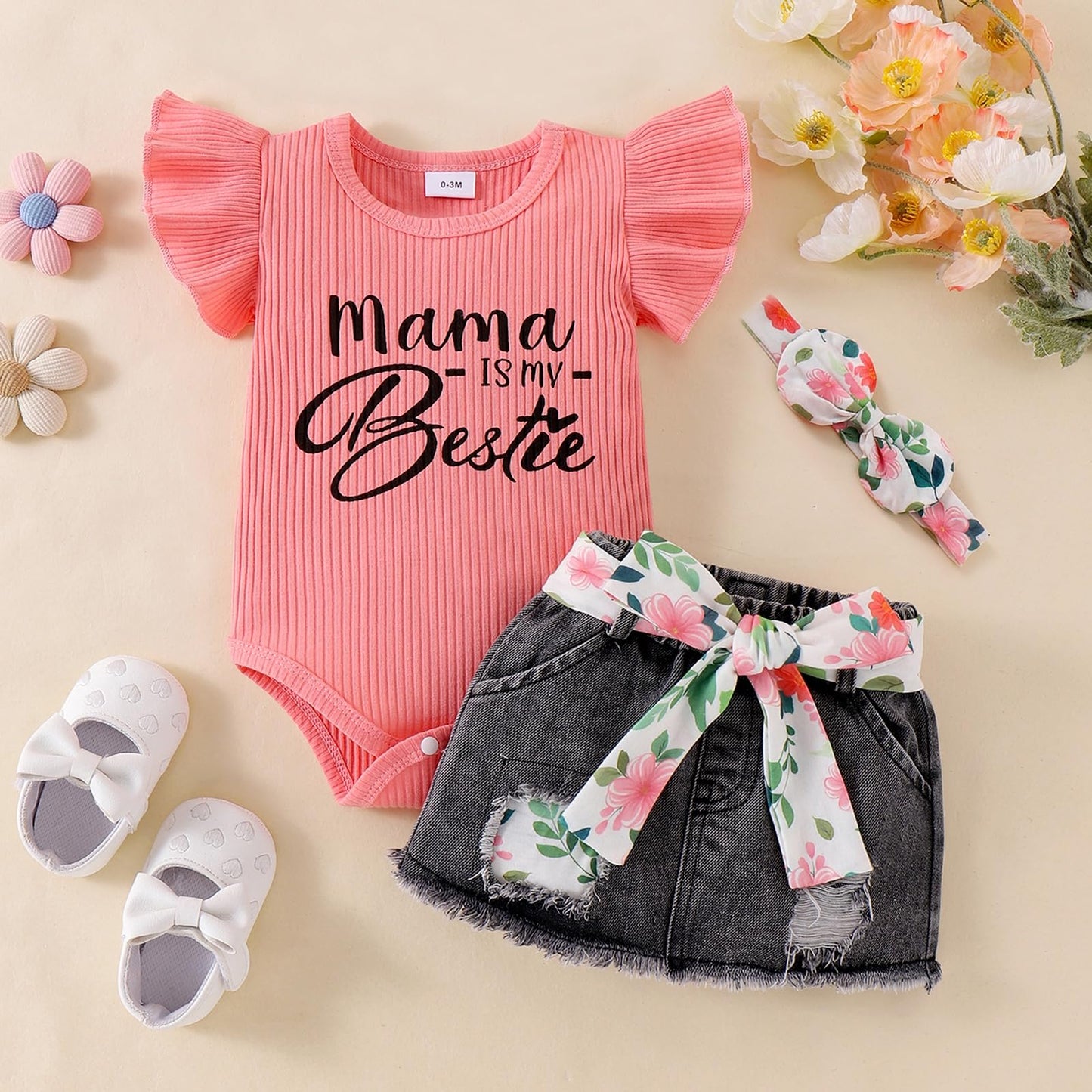 Baby Girl Clothes Newborn Romper Ruffle Sleeve Short Jeans Skirt with Headband Infant Outfits Set 0-18 Months