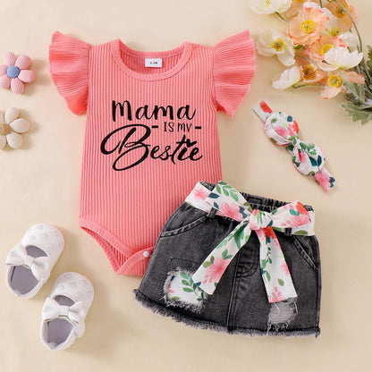 Baby Girl Clothes Newborn Romper Ruffle Sleeve Short Jeans Skirt with Headband Infant Outfits Set 0-18 Months