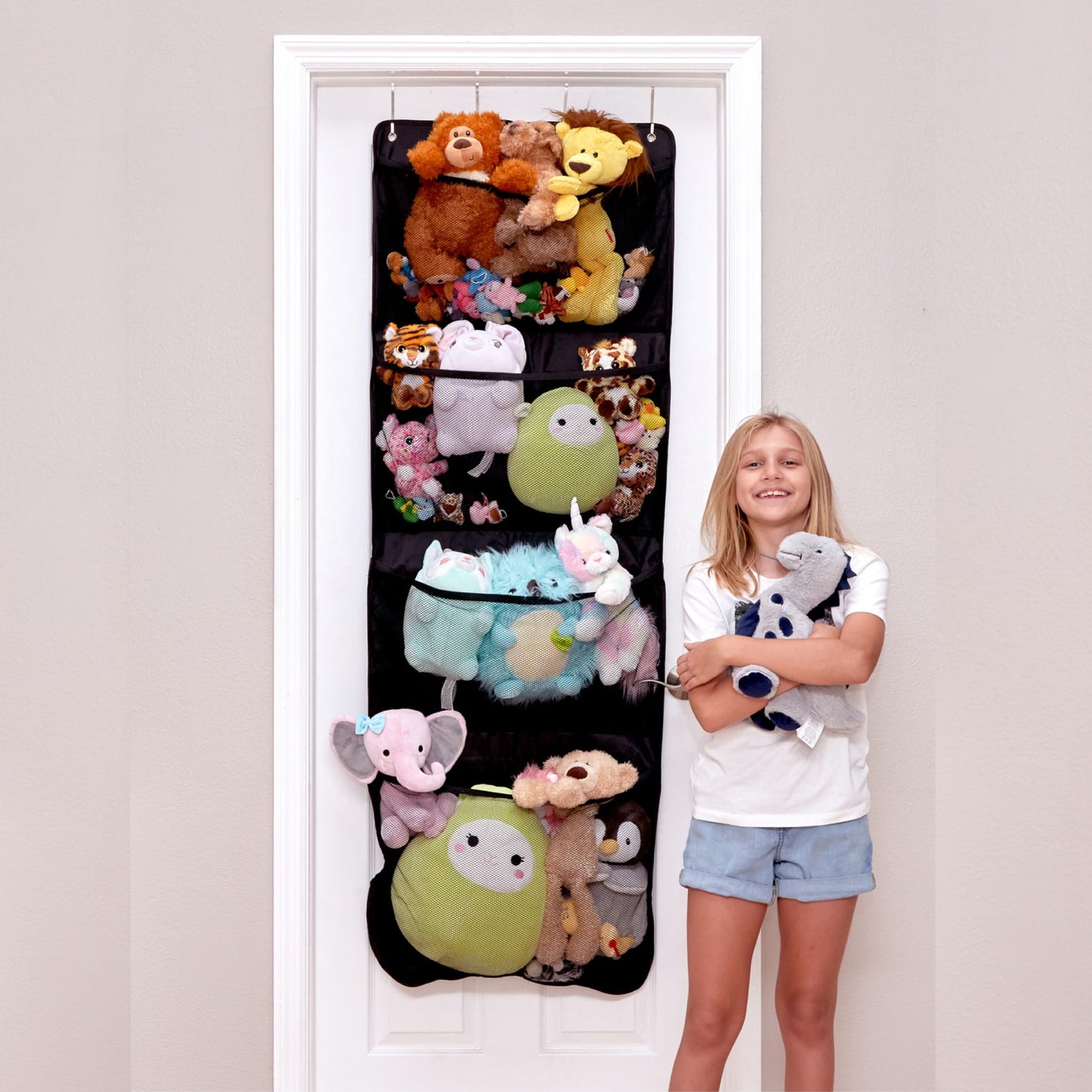 Lilly's Love Corner Stuffed Animal Toy Storage Hanging Organizer | 5 Expandable Mesh Net Pockets, Stores Loads of Plush Toys | Large Plushie Display for Boys, Girls | Pink