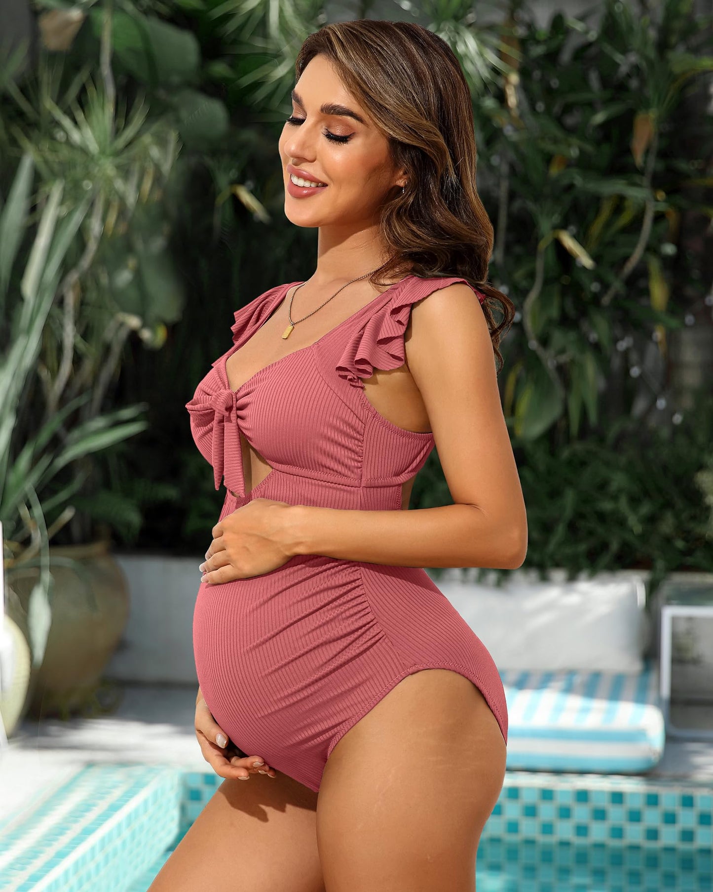 Charmo Ruffle Maternity Bathing Suits for Women Ribbed Tie Knot Maternity Swimsuit Cutout Ruched Pregnancy Swimwear