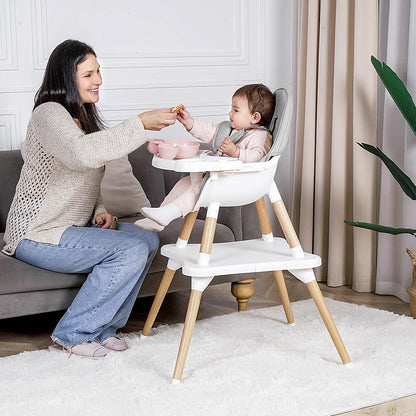 High Chair for Babies & Toddlers, Convertible Wooden 6 in 1 Baby Highchair, Table and Chair Set, Building Block Table, 5-Point Adjustable Seat Belts, 4-Position Removable Tray& PU Seat Cushion (Black)