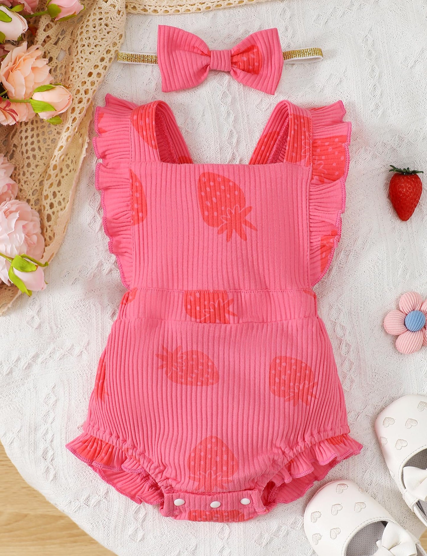 Fullfamous Baby Girl Ruffled Jumpsuit and Headband Set