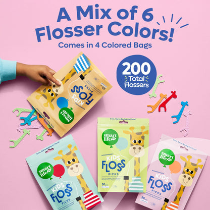 SmartLifeco Biodegradable* Kids Flossers - Unflavored Dental Floss Picks for Children, Fluoride & PFA Free, Straw Wheat Fun Animal Flossing Sticks for Toddlers Teeth, Eco Friendly Compostable*, 200x