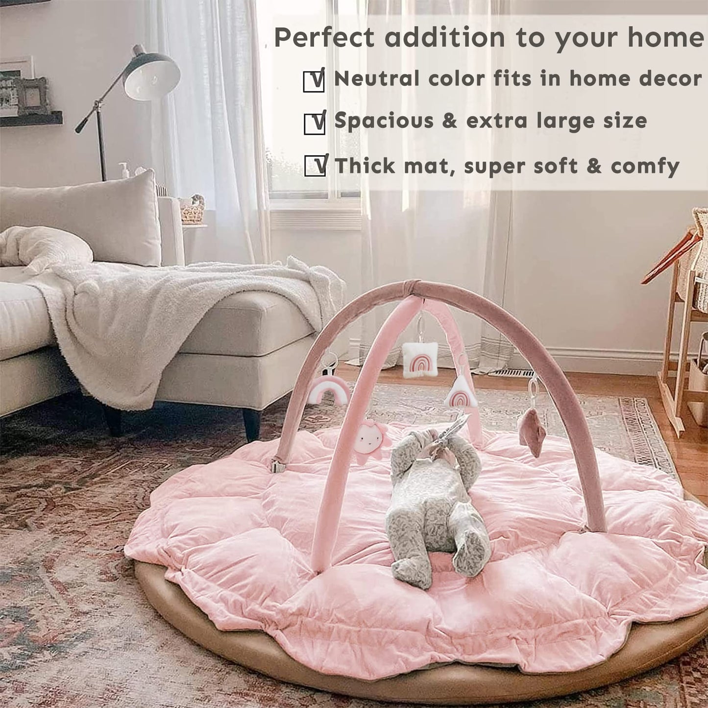 5-in-1 Thick & Plush Baby Play Gym, Baby Play Mats for Floor, Tummy Time Mat with 6 Toys, Cat Bed, Dog Bed, Convertible Stage-Based Developmental from Baby to Toddler, Ball Pit, Pet Cushion Cloudico