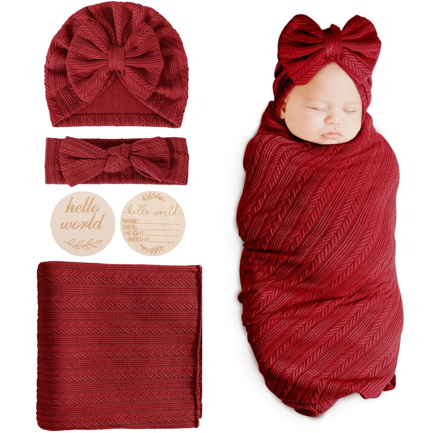 DRESHOW BQUBO Baby Swaddle Blankets for Girls, 4PCS Newborn Accessories Set with Matching Hat and Bow Headband with Card