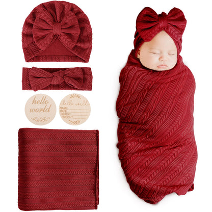 DRESHOW BQUBO Baby Swaddle Blankets for Girls, 4PCS Newborn Accessories Set with Matching Hat and Bow Headband with Card