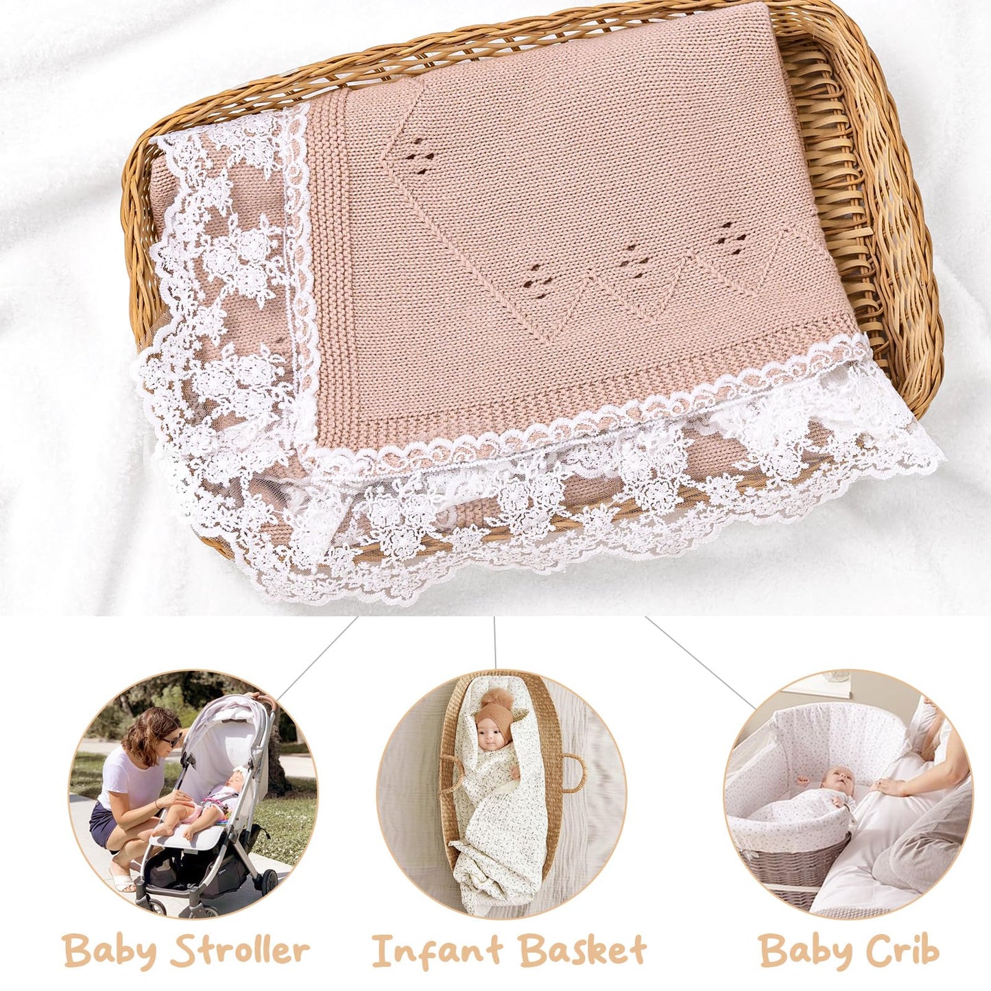 Booulfi Knit White Baby Blankets Neutral,Crib Stroller Newborn Blankets for Boys Girls,Cotton Lace Crochet Winter Blanket Nursery Blanket New Baby Essentials, 38X39