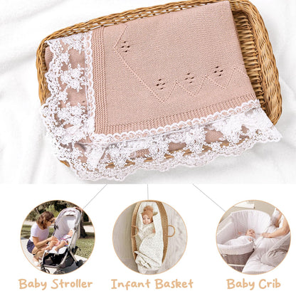 Booulfi Knit White Baby Blankets Neutral,Crib Stroller Newborn Blankets for Boys Girls,Cotton Lace Crochet Winter Blanket Nursery Blanket New Baby Essentials, 38X39