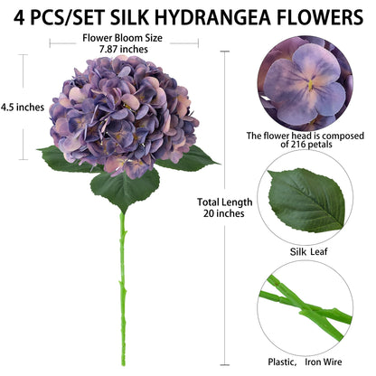 4 Pcs Pink Hydrangeas Artificial Flowers, 20 inches Large Lifelike Fake Silk Flowers, Faux Hydrangeas Flowers for Wedding Home Party Decor Baby Shower Table Centerpiece