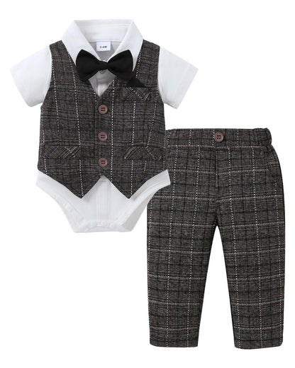 DISAUR Baby Boy Clothes Toddler Boy Outfits 4PCS Gentleman Dress Romper/Vest/Pants/Bow Tie Cotton Suit Sets