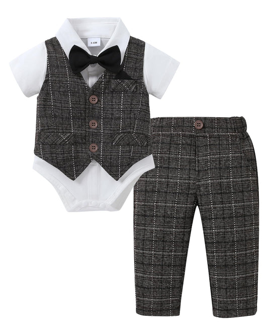 DISAUR Baby Boy Clothes Toddler Boy Outfits 4PCS Gentleman Dress Romper/Vest/Pants/Bow Tie Cotton Suit Sets